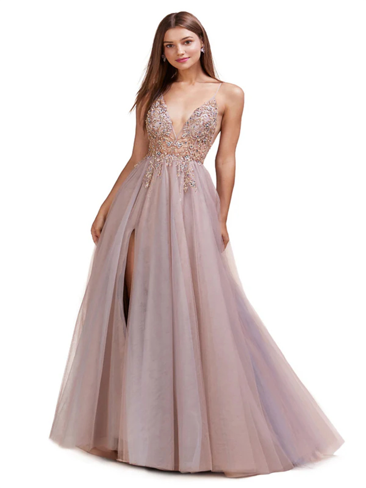 Embroidery Online Design - A-line Embroidered Tulle Dress, Spaghetti Straps,
