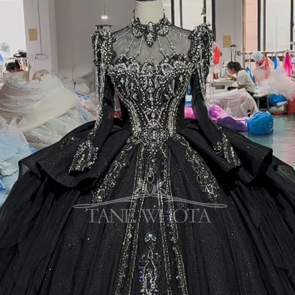 Embroidery Organza - Turtle Black Customizable Long Sleeves Lace-Up