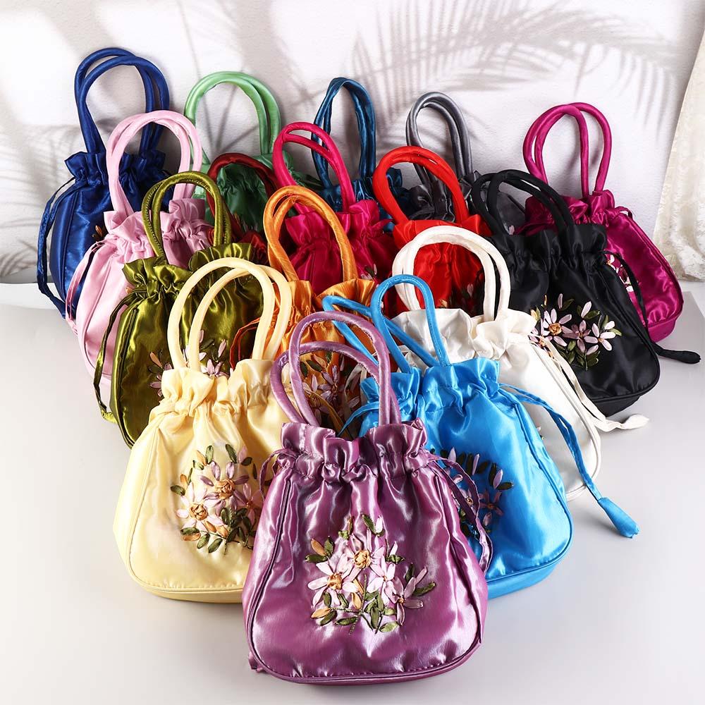 Embroidery Wallet - Satin Silk Hanfu Drawstrings Bag Leaf