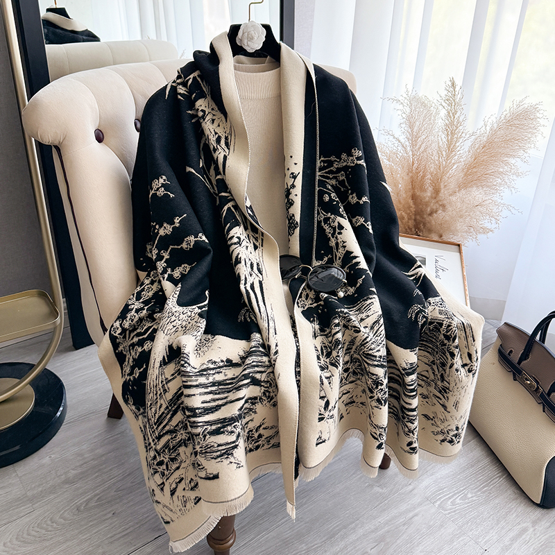 Embroidery Pashmina - Women Winter Cashmere Scarf White Crane
